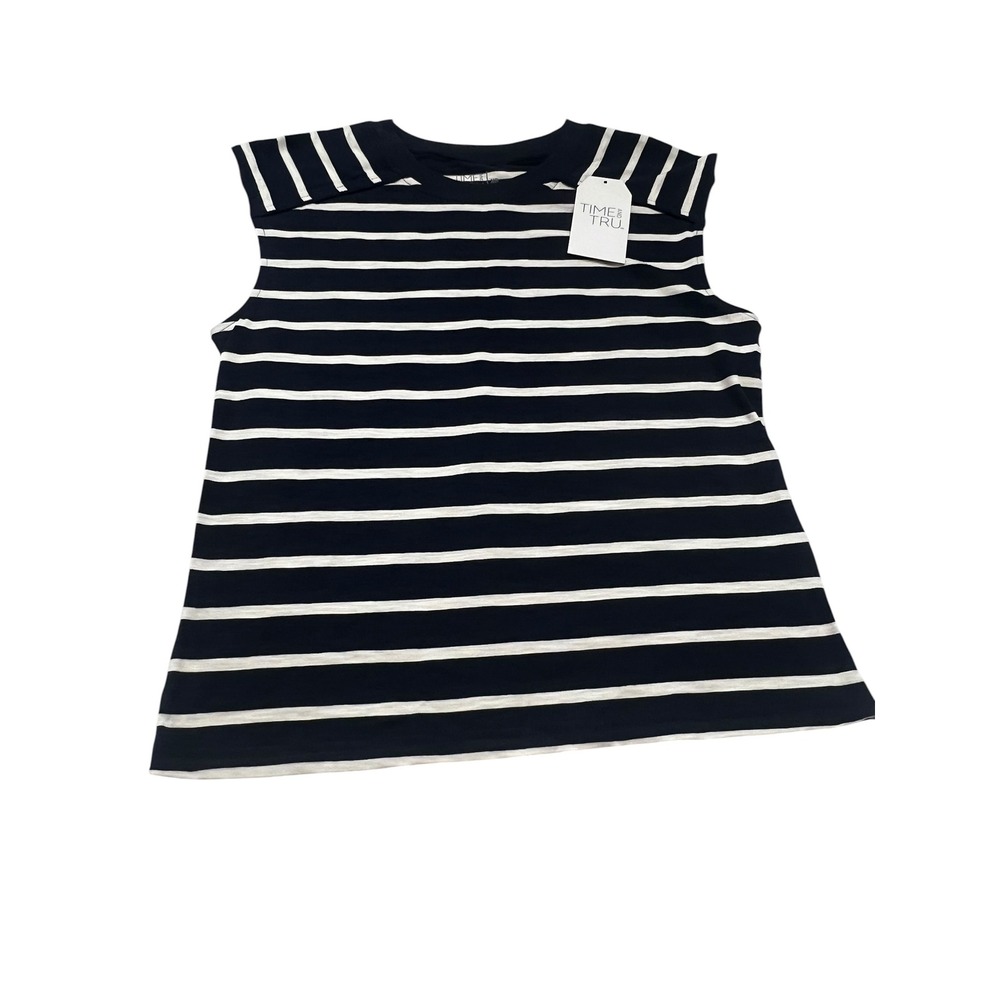 Time and Tru Womens Dark Navy Stripe Piped Muscle Tank Top XS 0-2 New